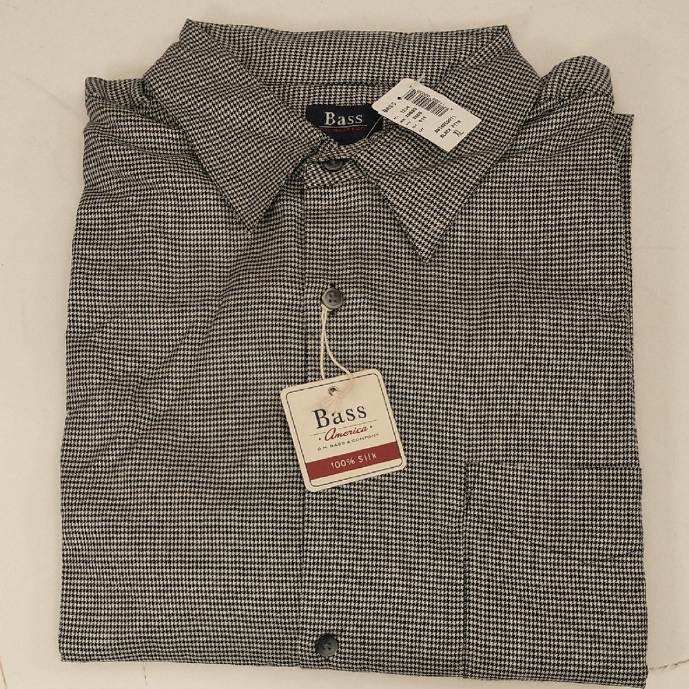 NWT Silk Button Down Shirt Long Sleeve Black & White Mini Houndstooth Check XL